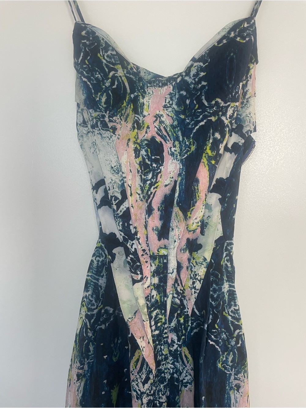 Brian Reyes Abstract Marble Print Pleated Corset Criss Cross Silk Slip Dress - Picture 2 of 7